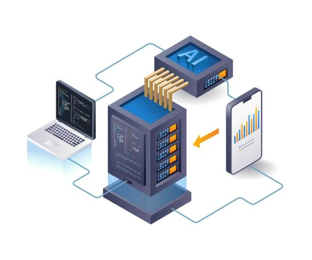 Isometric client-server diagram showing AI processing between a laptop, server, and smartphone displaying data charts.